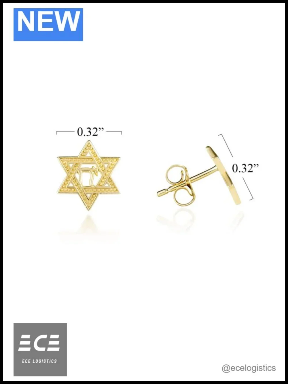 10K Yellow Gold Star of David Chai Stud Earrings Push Back